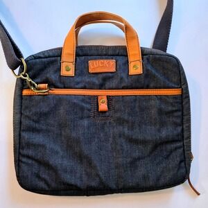 Lucky Brand Denim Canvas Messenger Bag Brown Leather Accents Adjustable Strap
